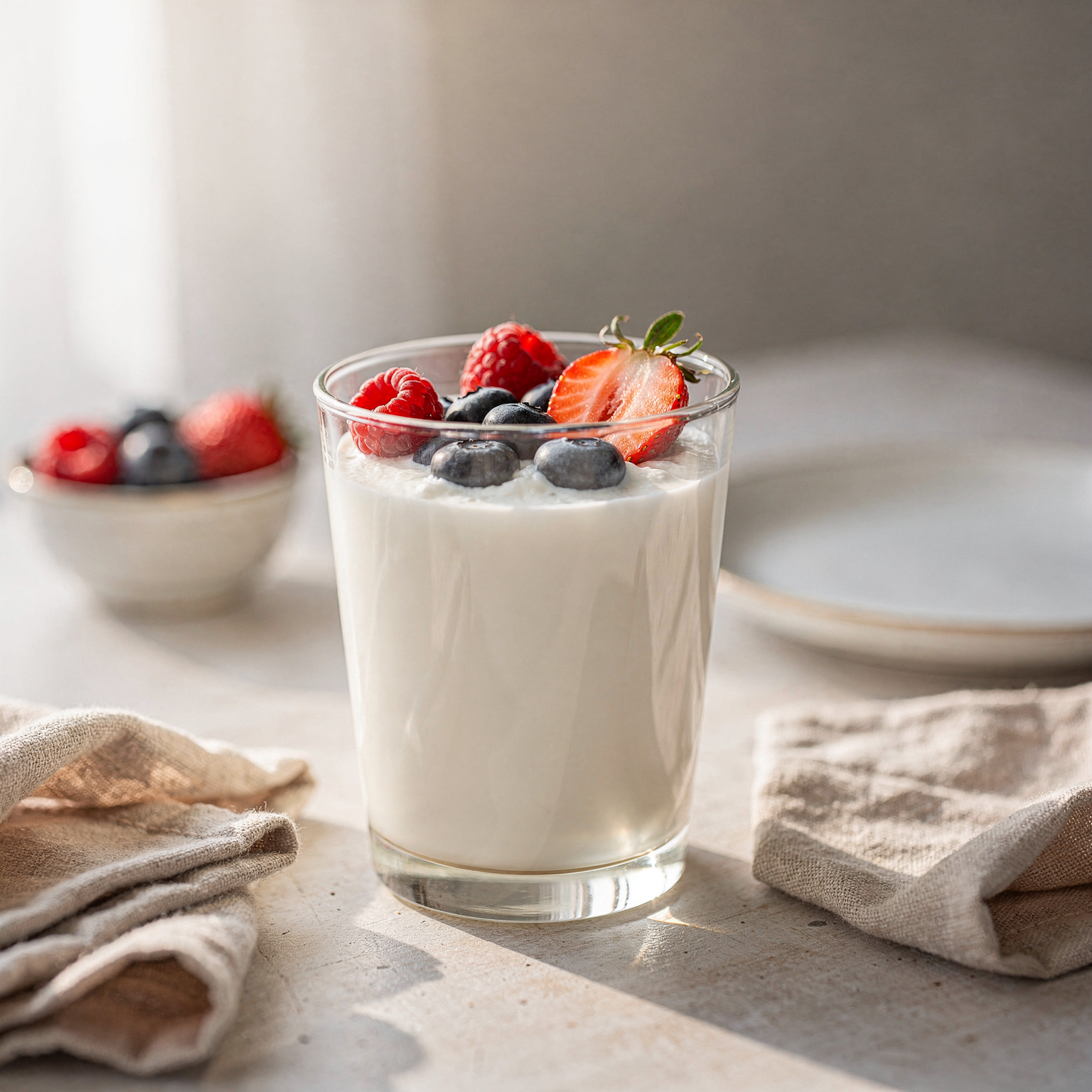 Glas Kefir mit frischen Beeren - Gesunder Start in den Tag
