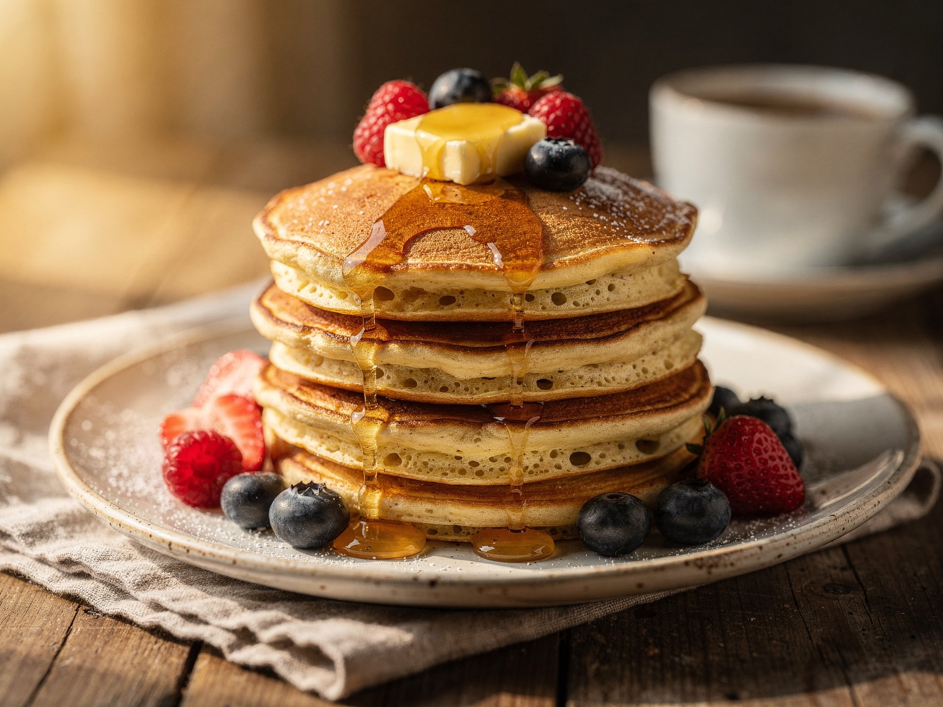 Fluffige Kefir-Pancakes mit Beeren und Honig