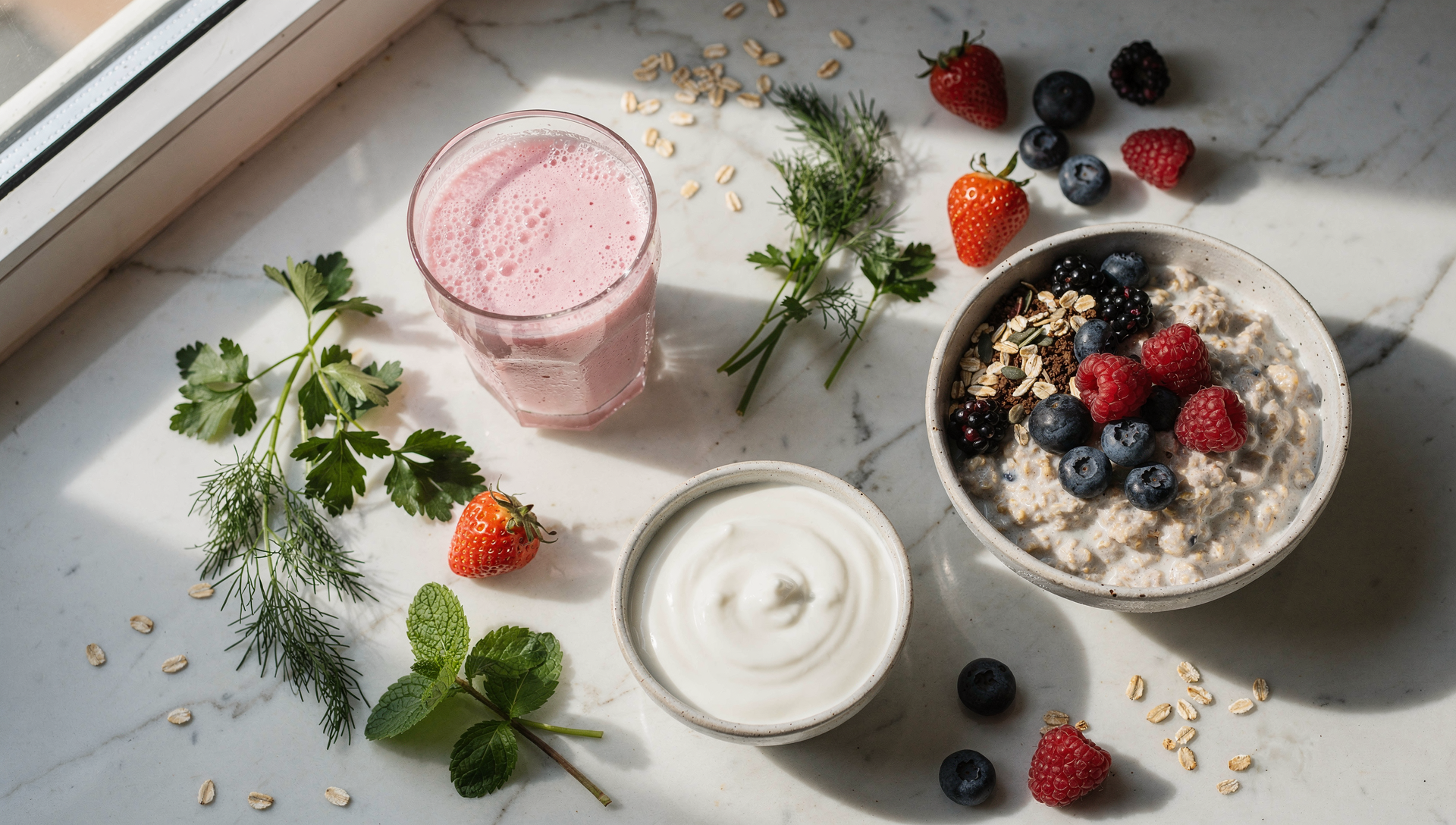 Verschiedene Kefir-Zubereitungen: Smoothie, Dressing und Overnight Oats auf Marmor