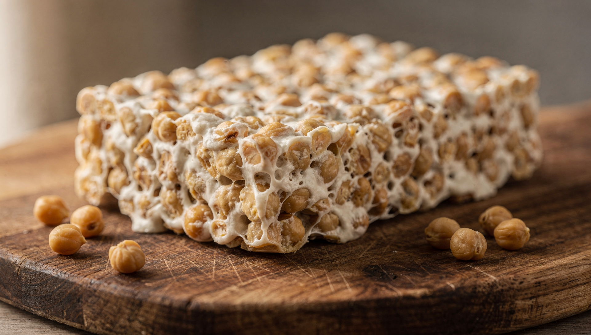 Kichererbsen Tempeh Block mit weißem Myzelium auf Holzbrett