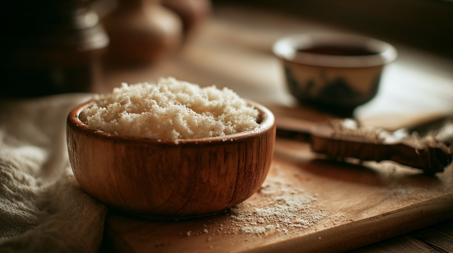 Frischer Koji Reis in traditioneller Holzschale mit weißem Myzelium