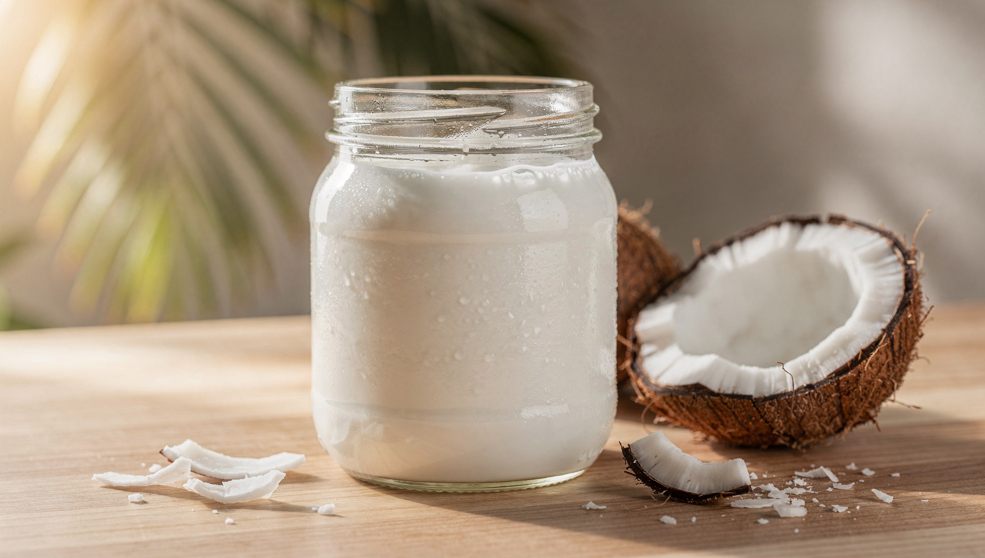 Kokosmilch Kefir im Glas mit frischer Kokosnuss