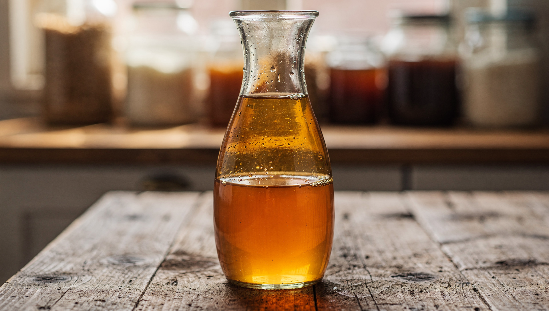 Selbstgemachter Kombucha Essig in eleganter Glasflasche auf rustikalem Holztisch
