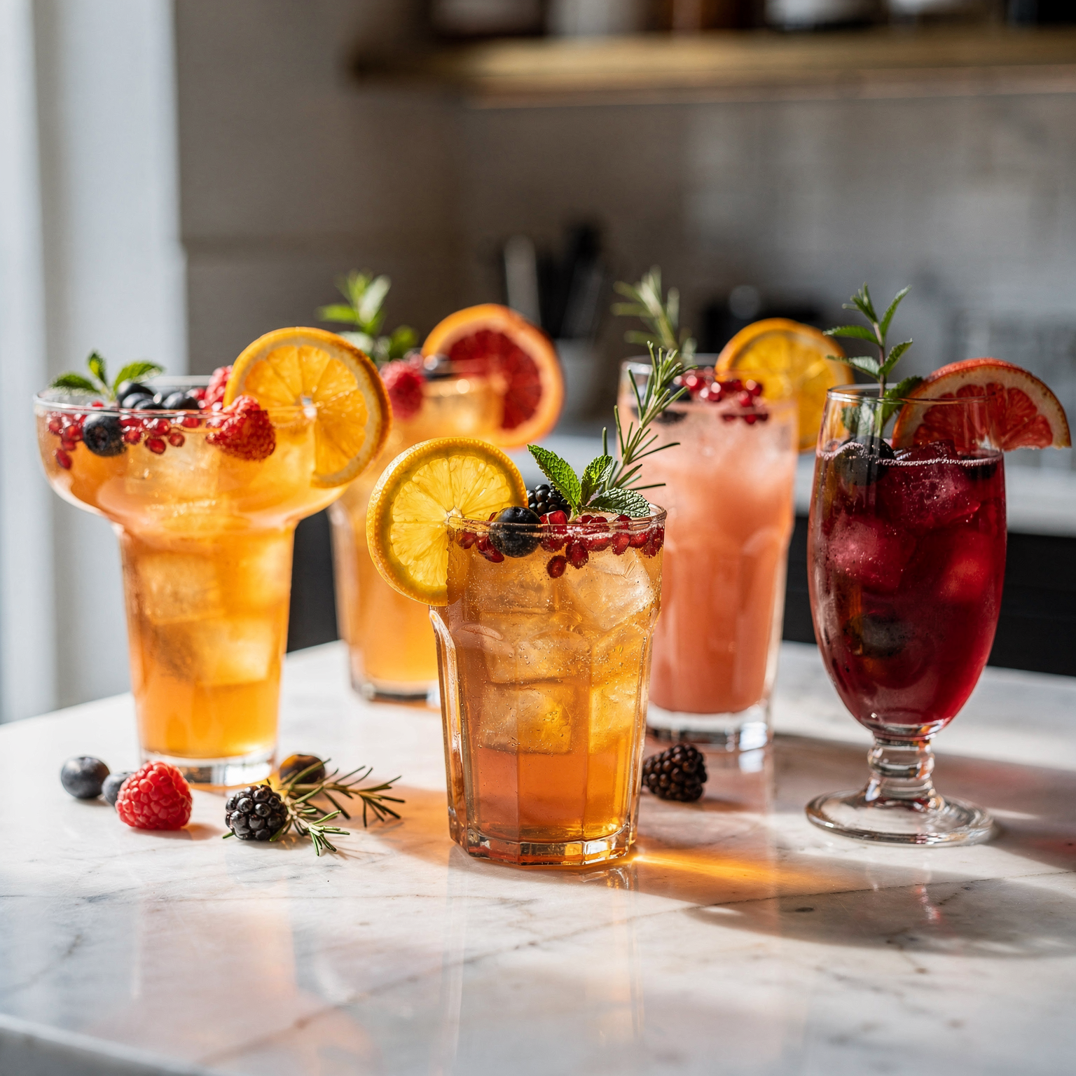 Bunte Kombucha Mocktails in eleganten Gläsern