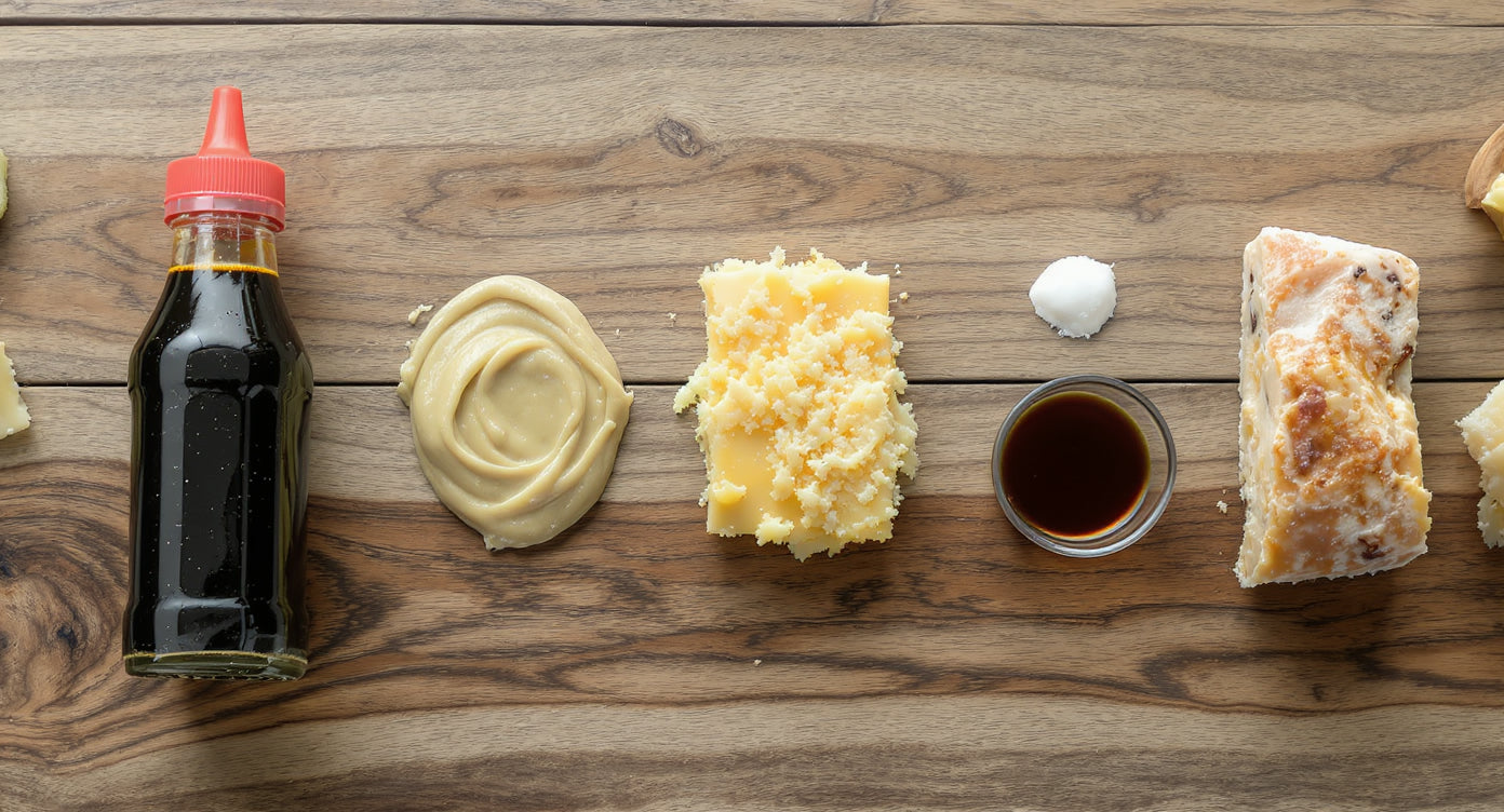 Miso Ersatz Alternativen - Sojasauce, Tahini, Parmesan und weitere Umami-Quellen auf Holztisch