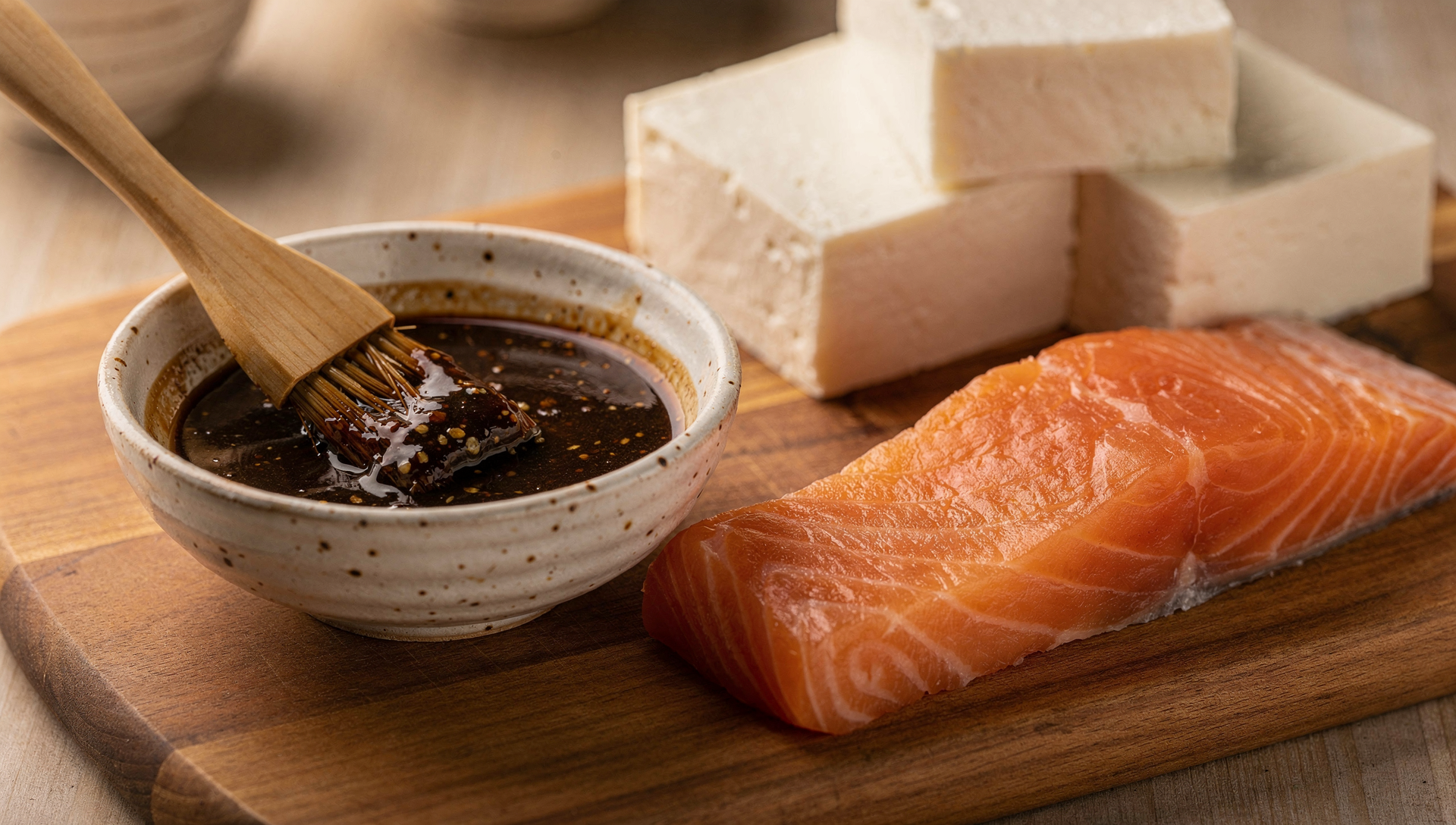 Miso Marinade in Schale mit Lachs und Tofu