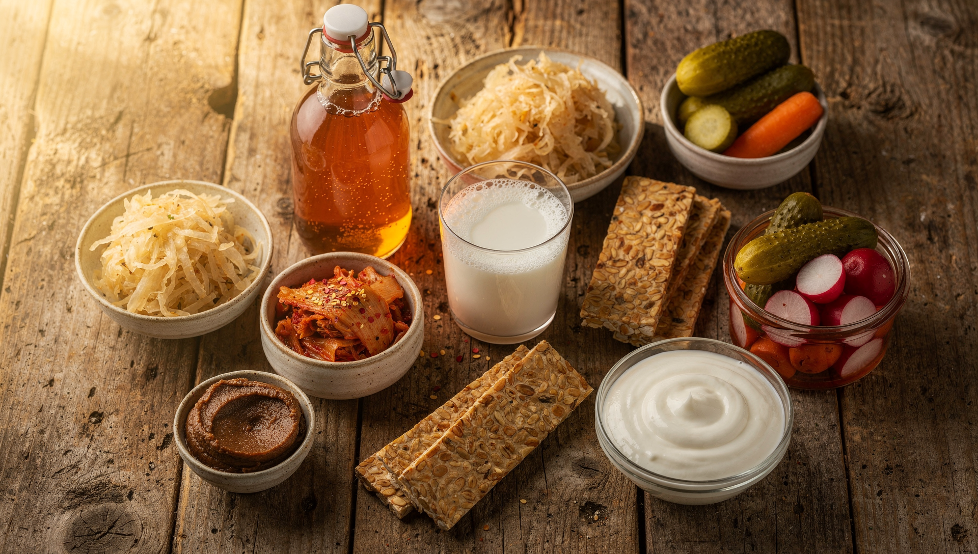 Probiotische Lebensmittel Übersicht - Kefir, Kombucha, Sauerkraut, Kimchi, Joghurt, Tempeh und Miso auf rustikalem Holztisch