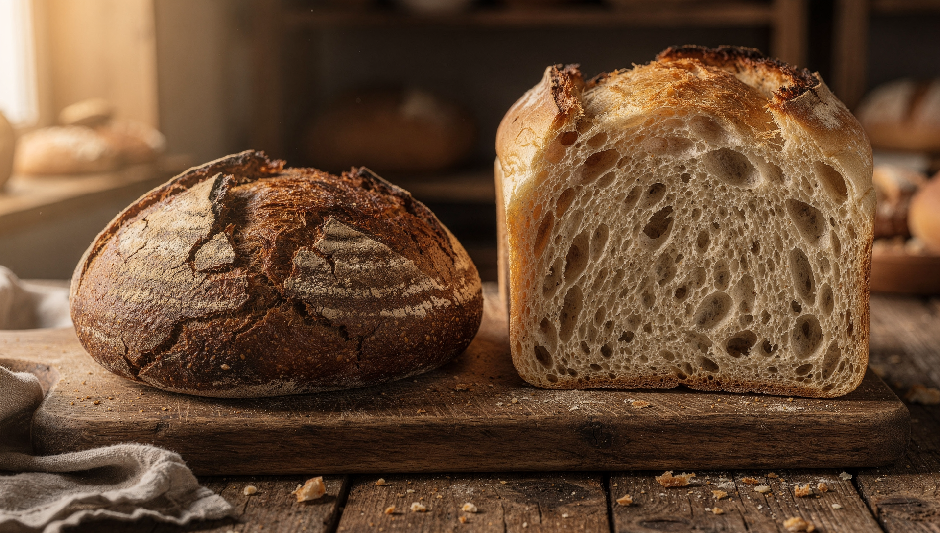 Roggensauerteigbrot und Weizensauerteigbrot im direkten Vergleich nebeneinander