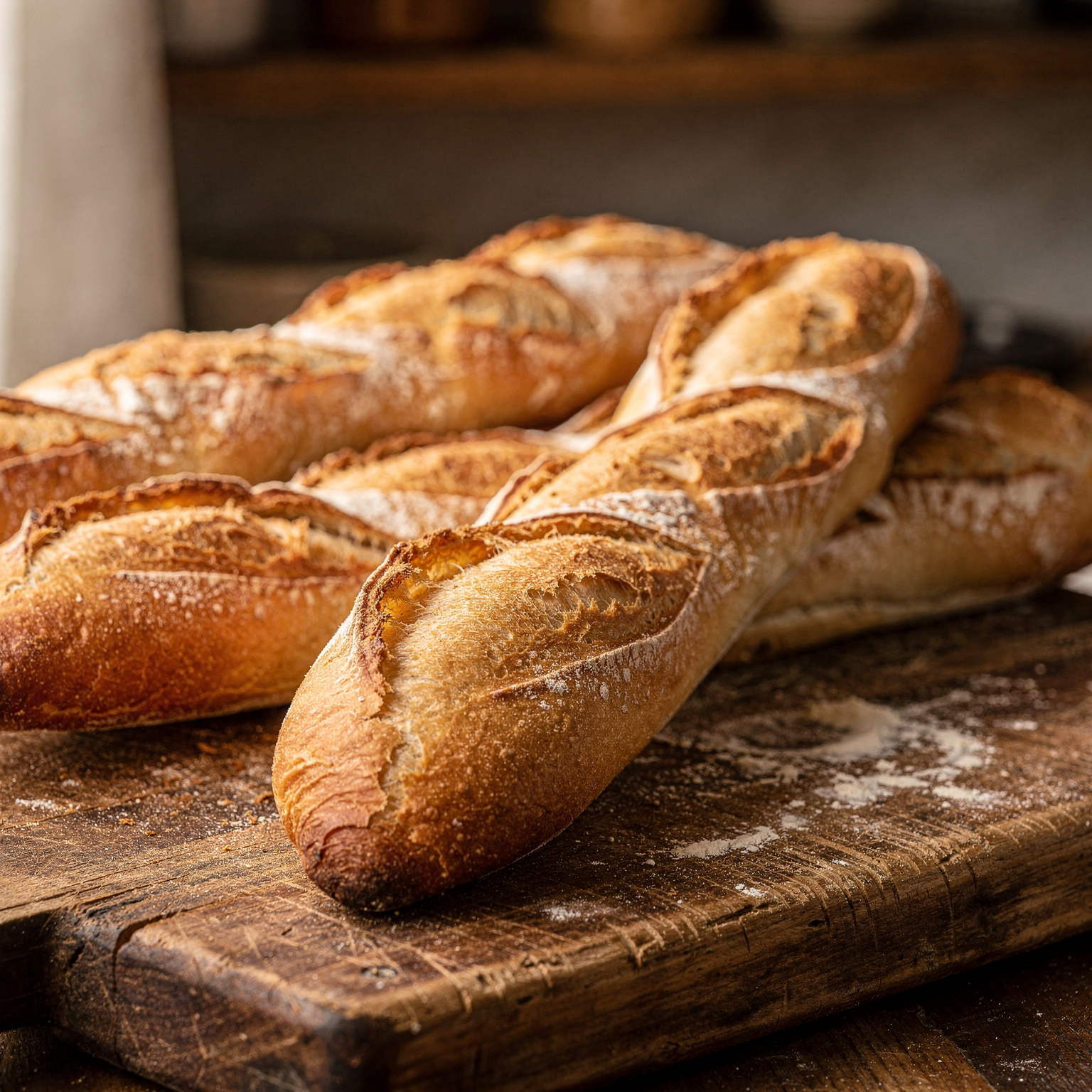 Goldbraune Sauerteig-Baguettes auf rustikalem Holzbrett
