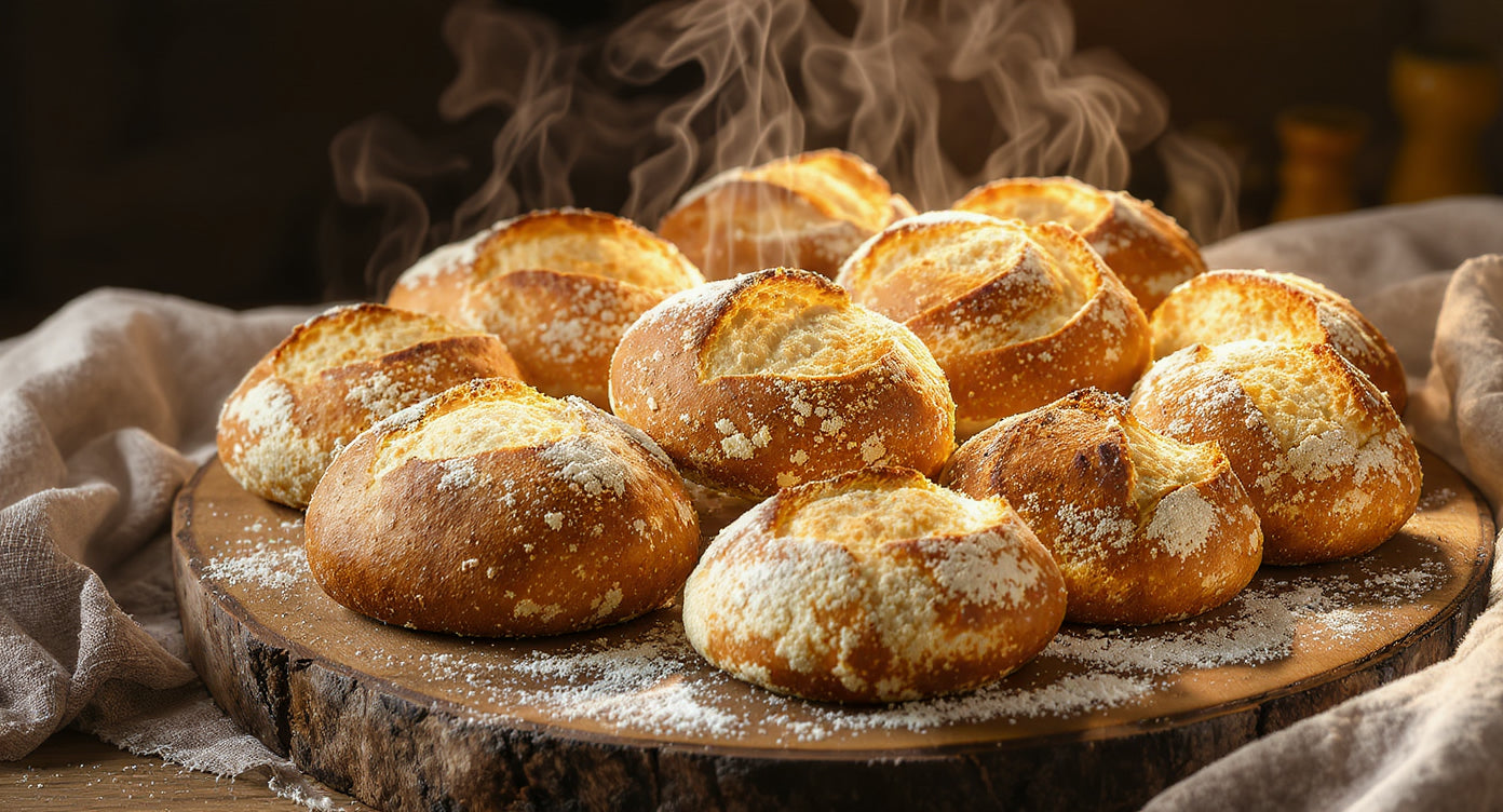 Frische hausgemachte Sauerteig Brötchen auf rustikalem Holzbrett