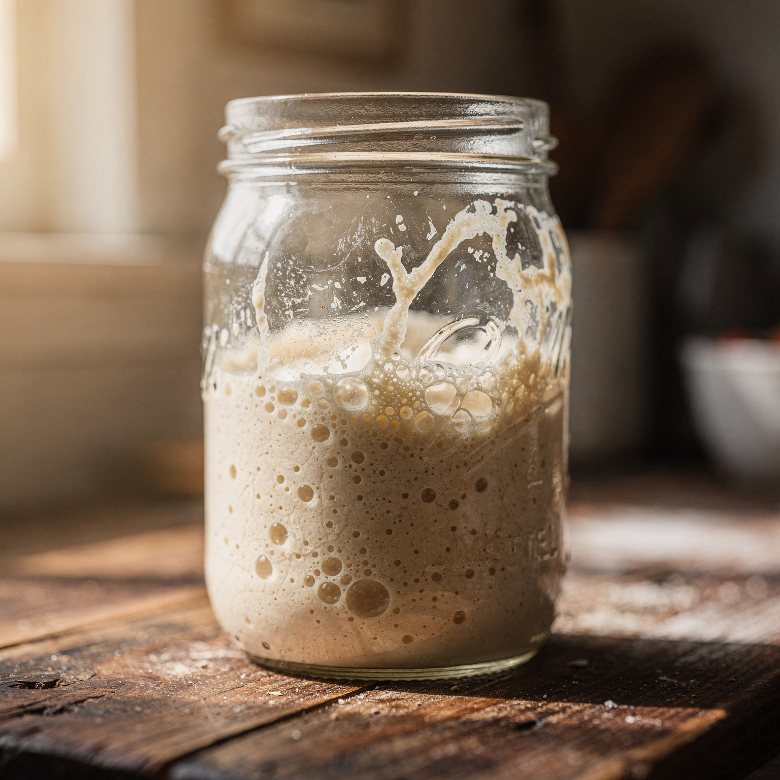 Aktiver Sauerteig-Starter mit Bläschen im Glas