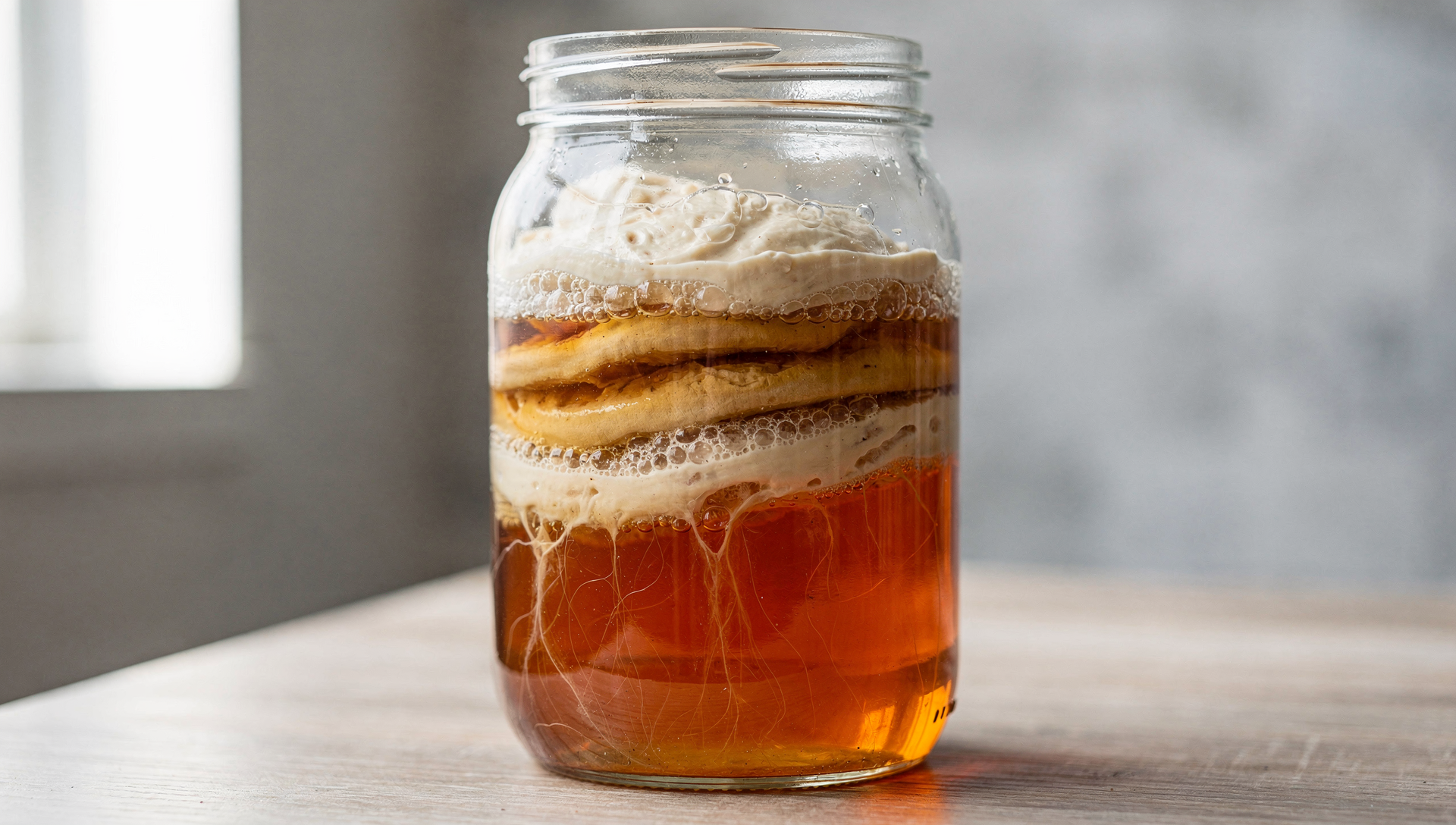 Gesunder Kombucha SCOBY schwimmt in bernsteinfarbenem Tee