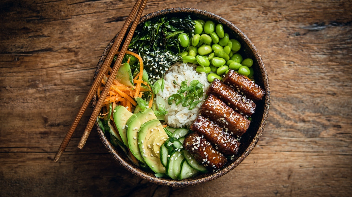 Tempeh-Bowl mit Erdnusssauce und frischem Gemüse