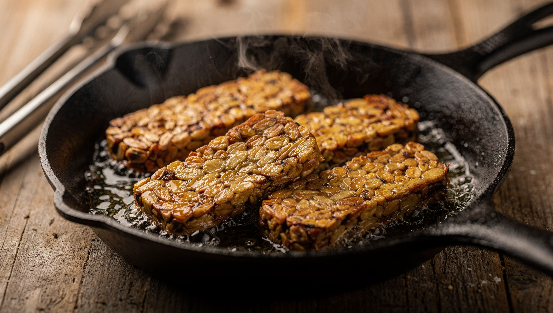 Knusprig gebratener Tempeh in gusseiserner Pfanne