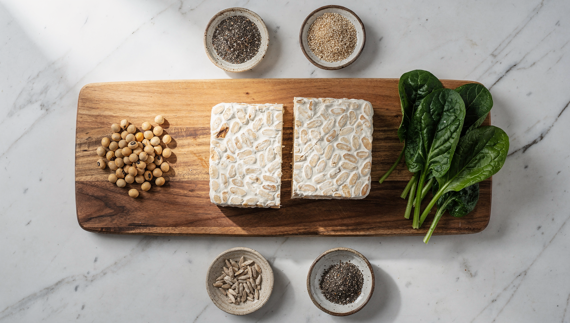 Tempeh Nährwerte Übersicht - frischer Tempeh mit Sojabohnen und Nährstoff-Symbolen