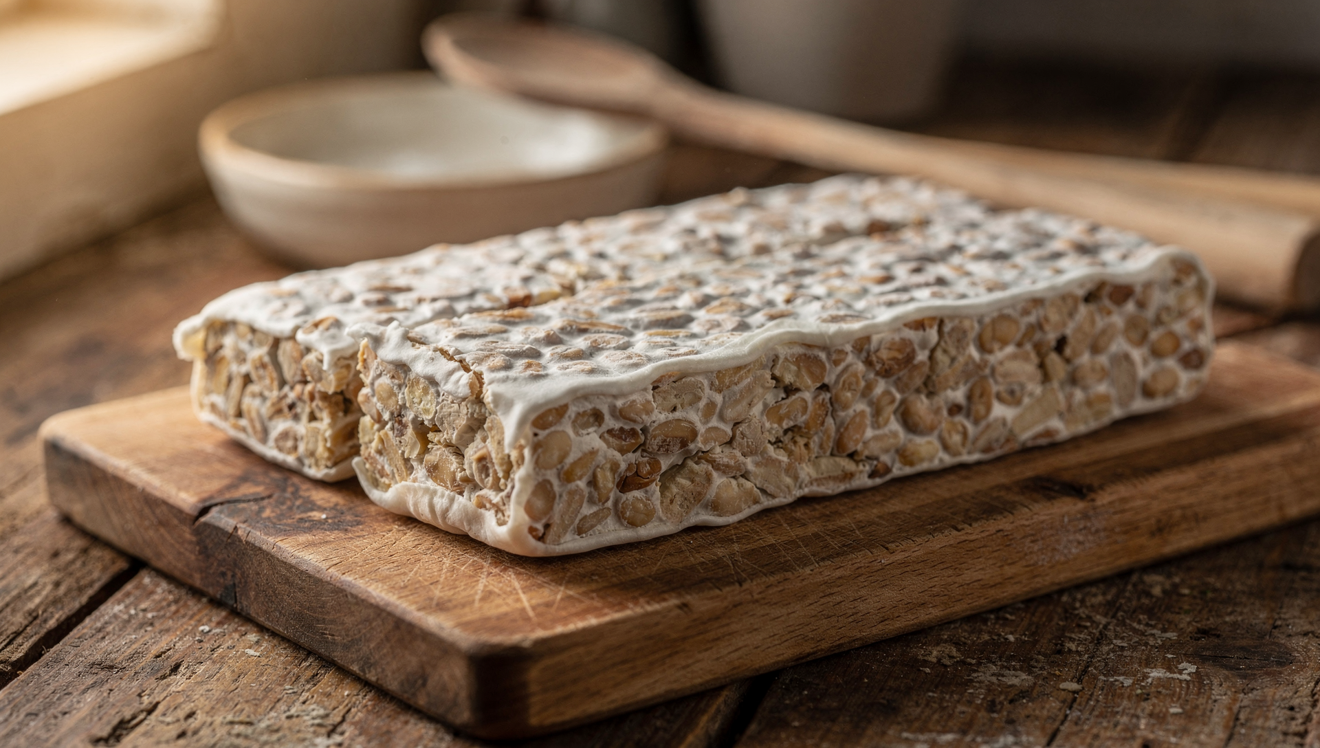 Selbstgemachter Tempeh mit weißem Myzel auf Holzbrett - ohne Inkubator hergestellt