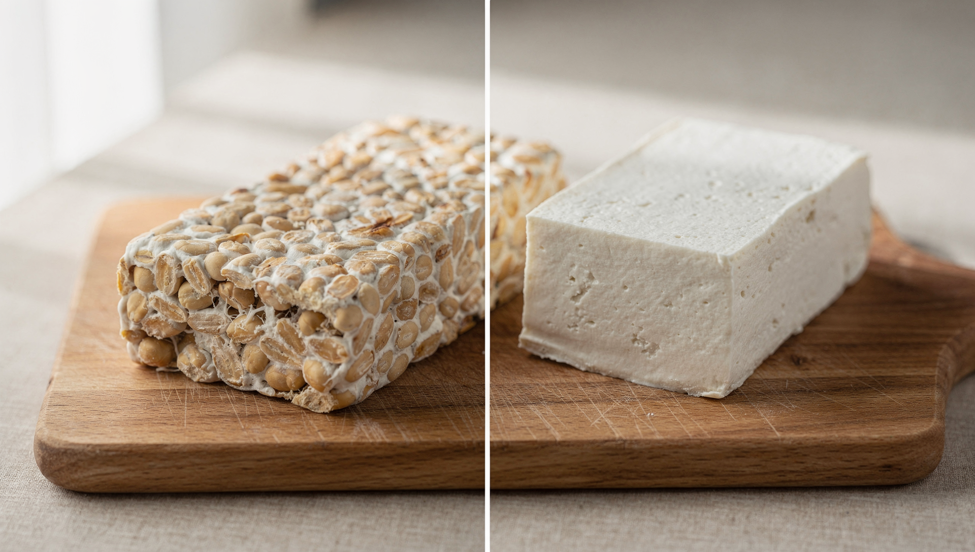 Tempeh vs Tofu Vergleich - Fermentierter Tempeh neben weißem Tofu auf Holzbrett