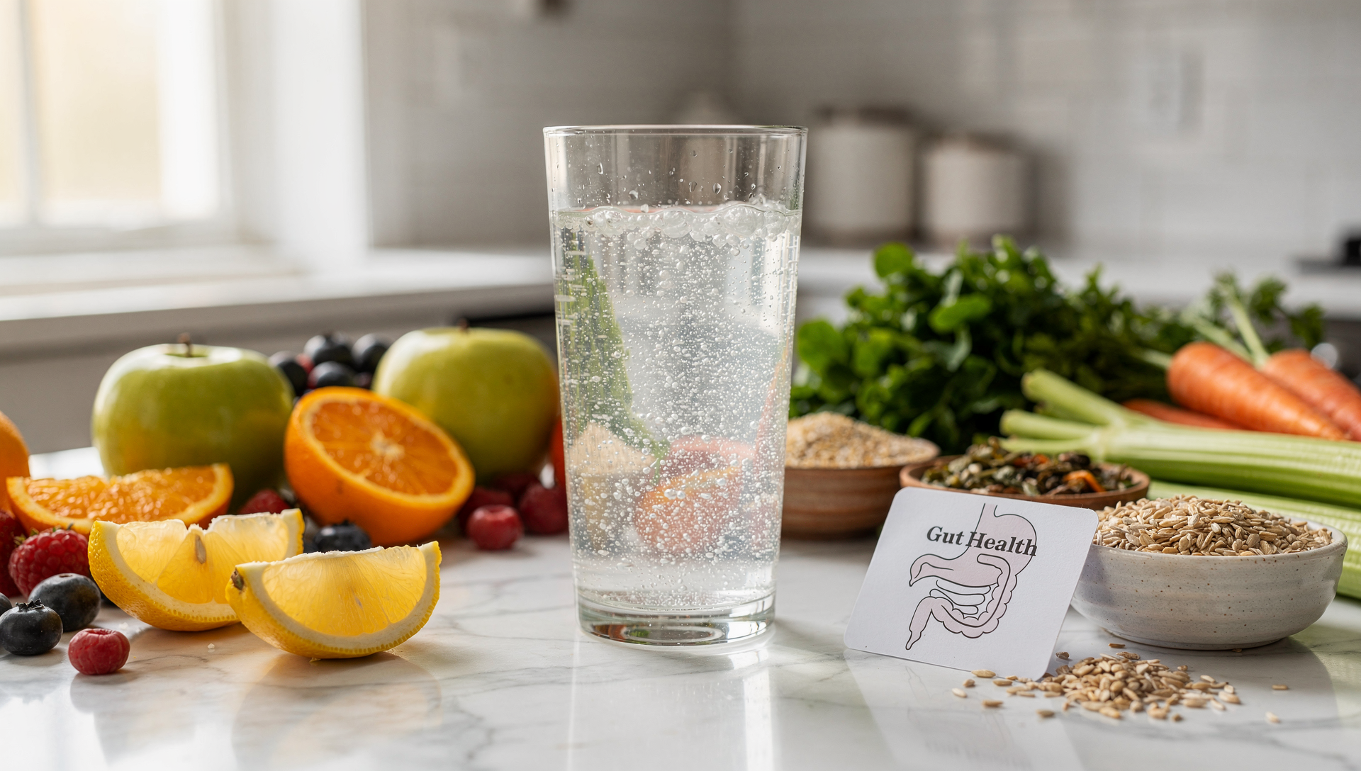 Ist Wasserkefir gesund - Glas mit prickelndem Wasserkefir umgeben von frischen Früchten und Wasserkefir-Kristallen