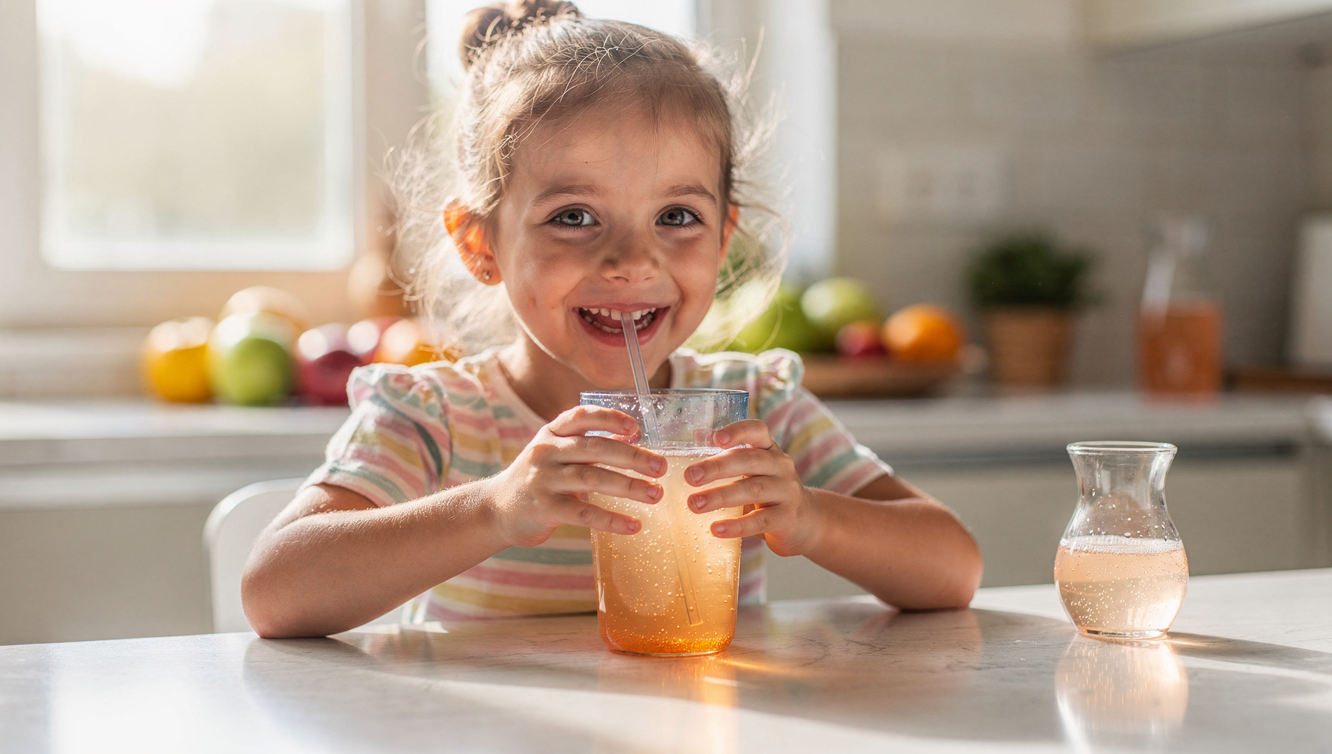 Kind trinkt Wasserkefir aus buntem Glas mit Strohhalm