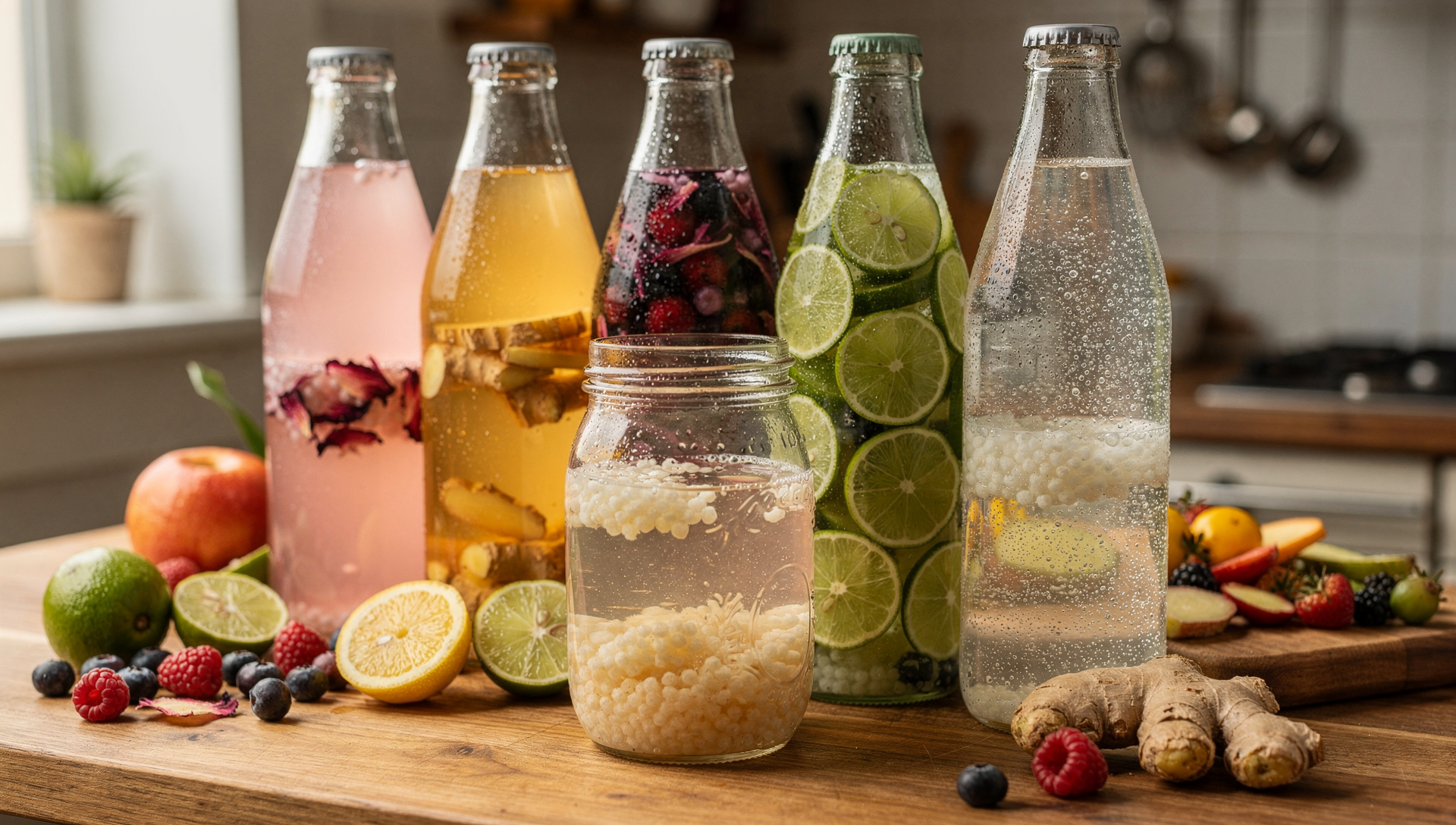 Wasserkefir Rezepte - Bunte Flaschen mit verschiedenen Geschmacksrichtungen und frischen Früchten