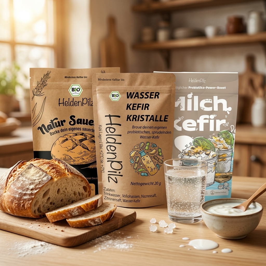 HeldenPilz Vielfalt-Box: Sauerteig, Wasserkefir und Milchkefir mit frisch gebackenem Brot