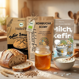 HeldenPilz Entdecker-Set: Sauerteig, Kombucha SCOBY und Milchkefir mit Brot, Kombucha und Milchkefir-Schale
