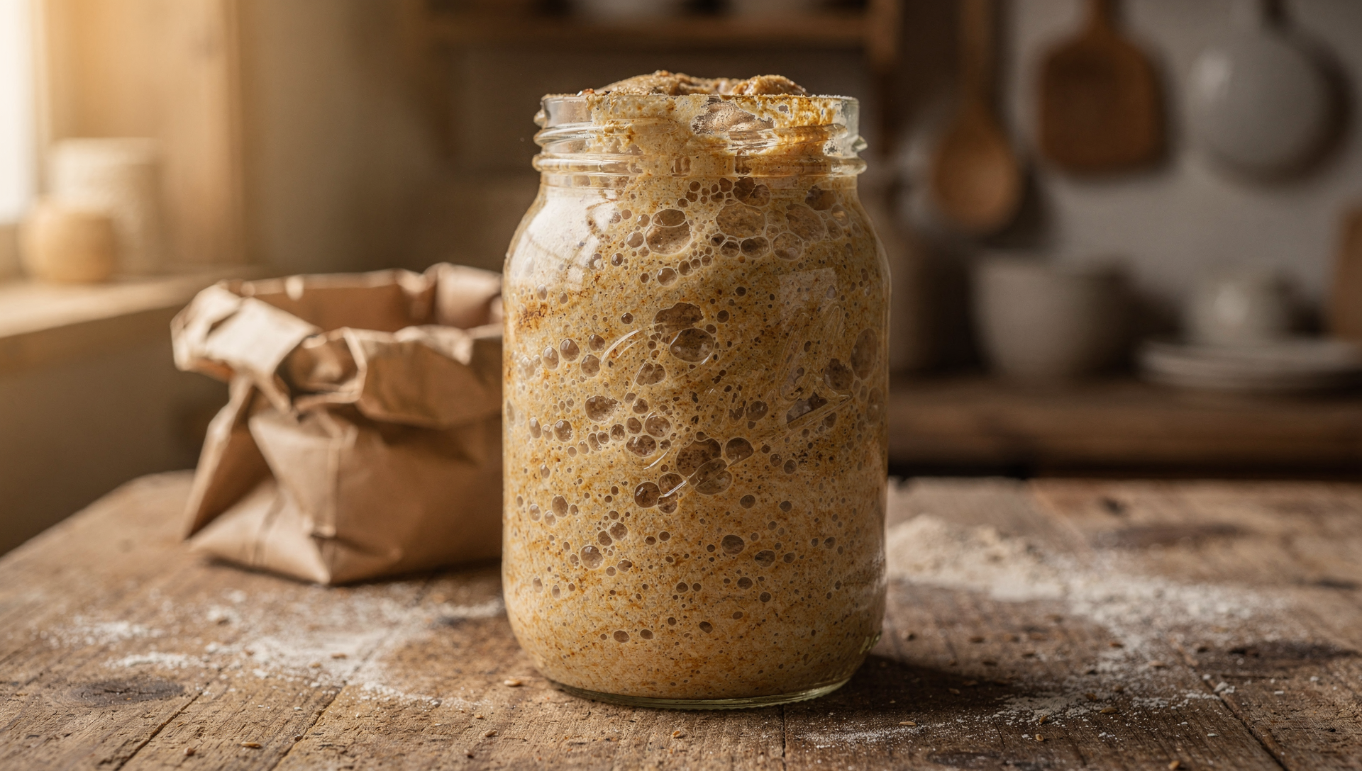 Aktiver Dinkel-Sauerteig in einem Weckglas mit Bläschen