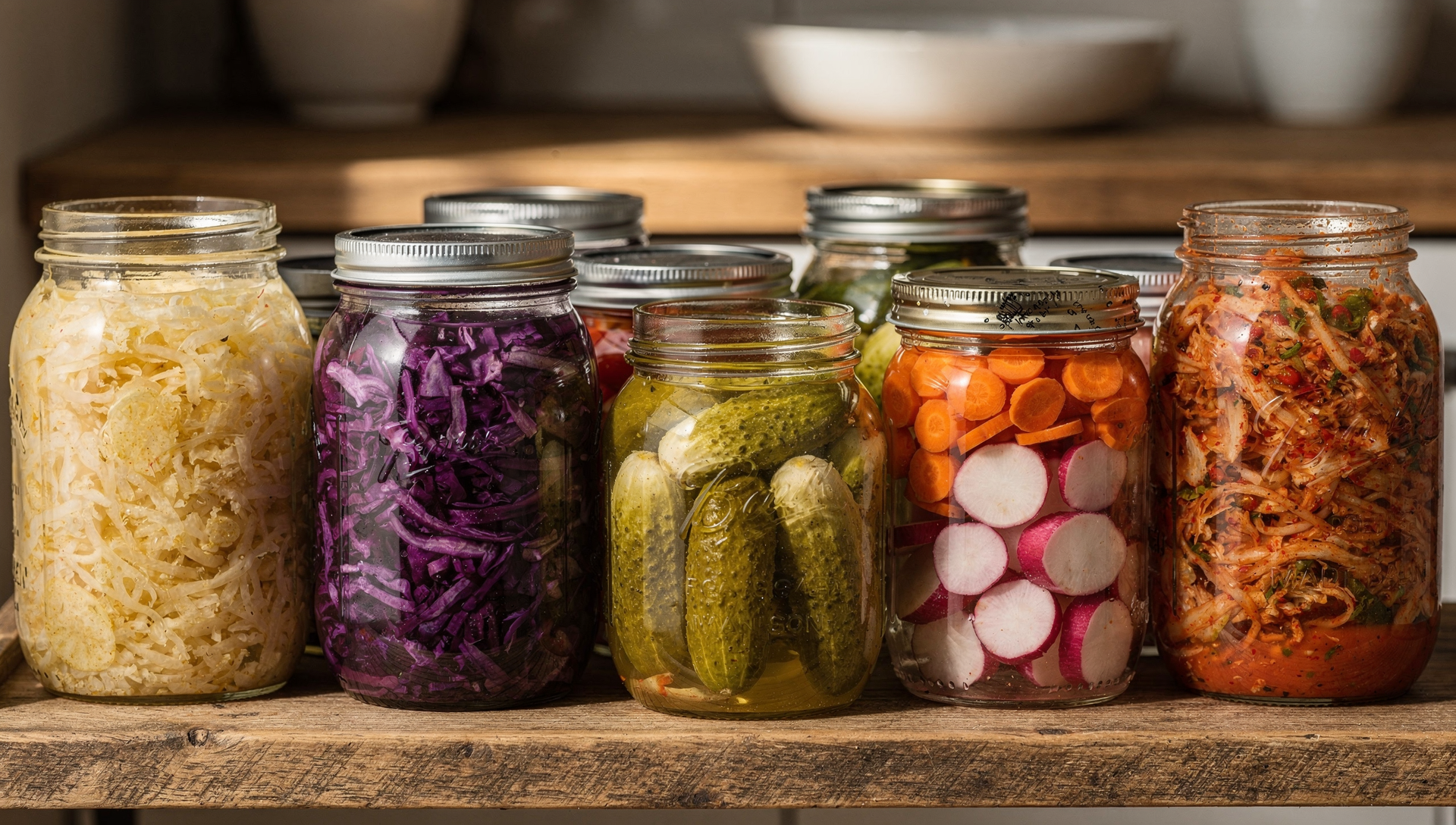Verschiedene fermentierte Gemüse in Gläsern - Sauerkraut, Karotten, Kimchi