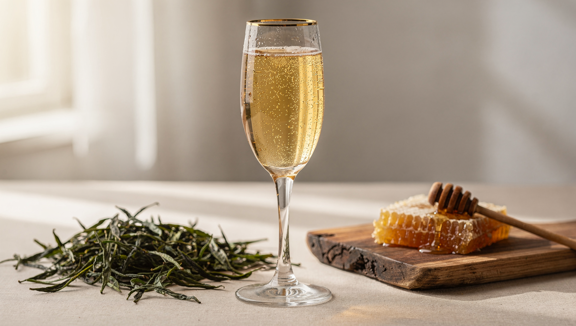 Jun Kombucha im eleganten Champagner-Glas mit goldener Farbe