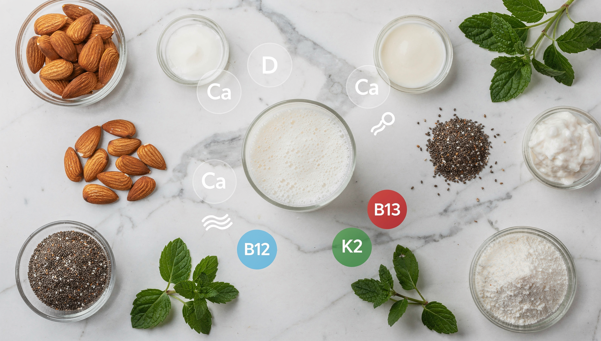 Kefir Nährwerte Übersicht mit Glas Kefir und Nährstoff-Symbolen