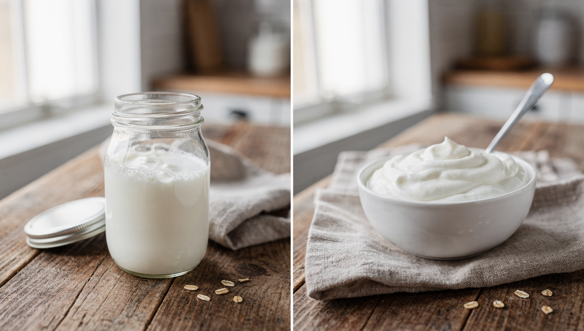 Kefir vs Joghurt Vergleich - Kefir im Glas und Joghurt in Schale nebeneinander