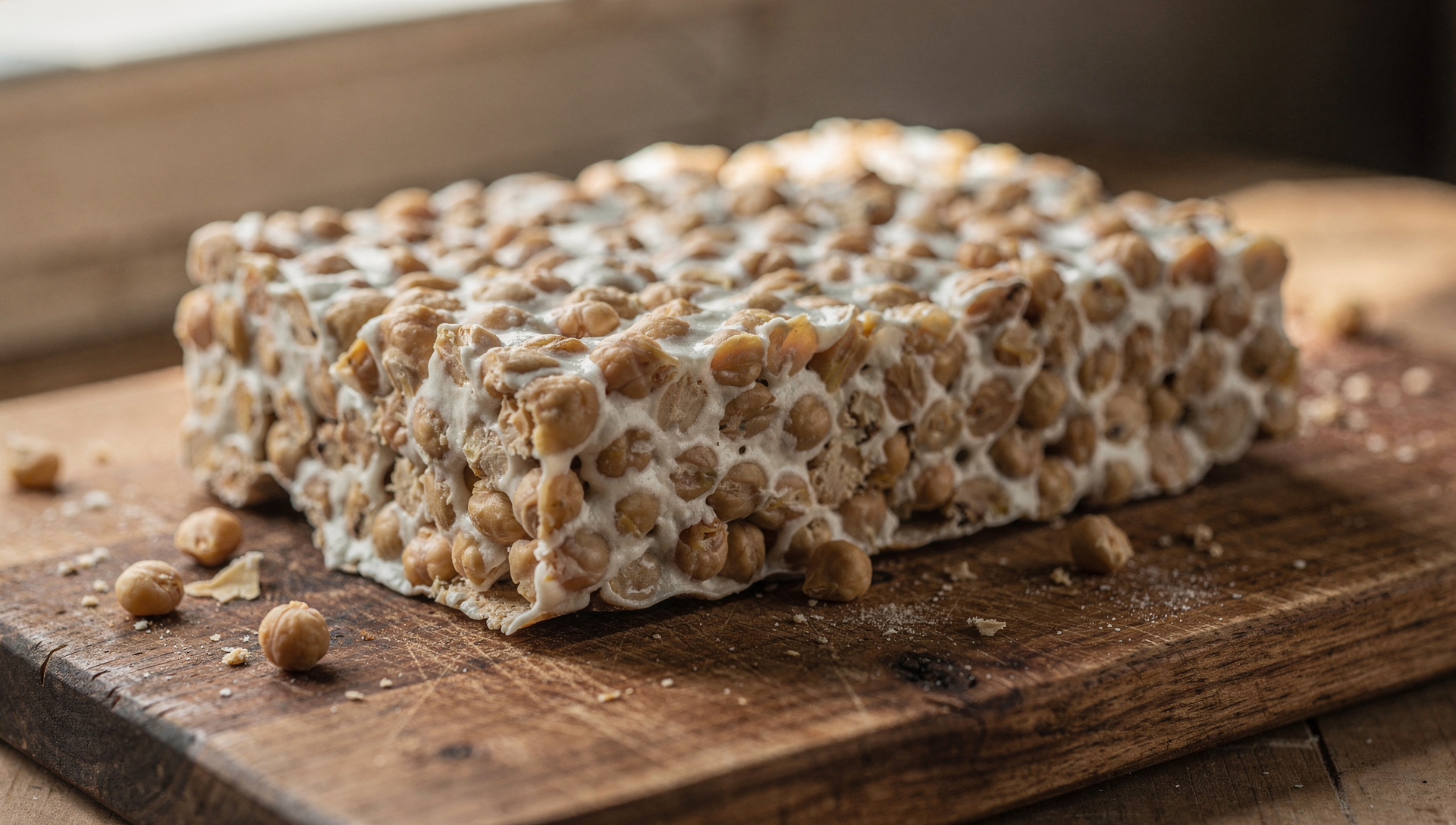 Kichererbsen-Tempeh auf Schneidebrett - weißes Myzel bindet Kichererbsen