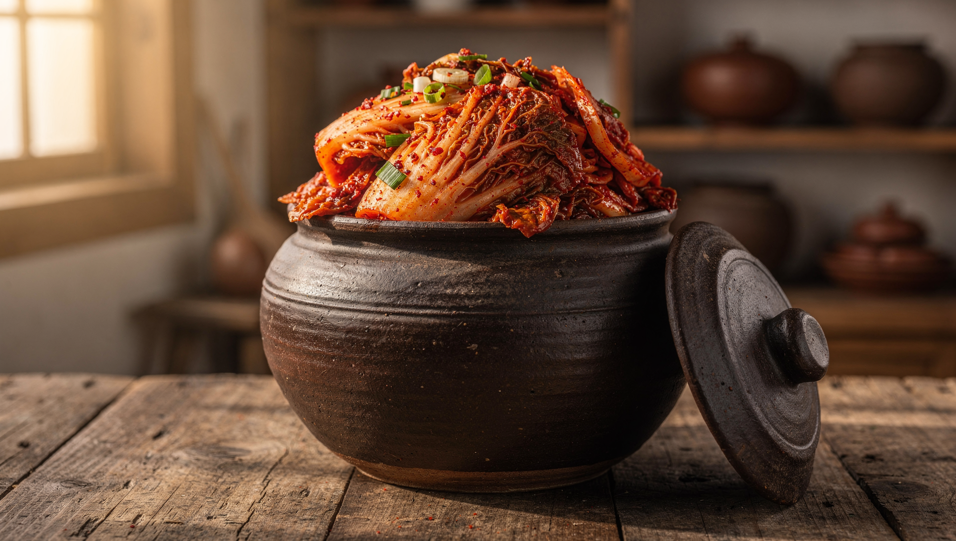 Traditionelles koreanisches Kimchi im Keramikgefäß