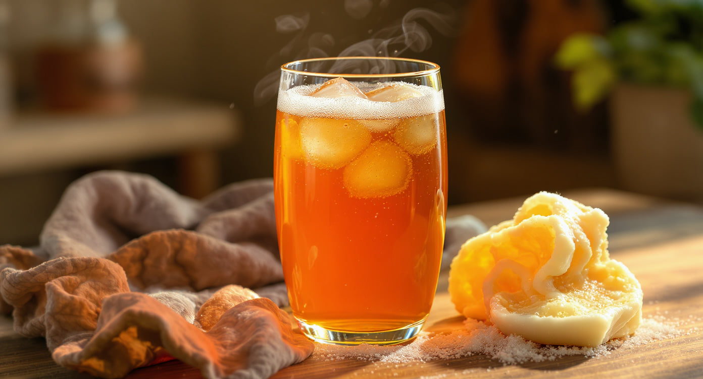 Glas Kombucha mit goldener Farbe und Kohlensäurebläschen