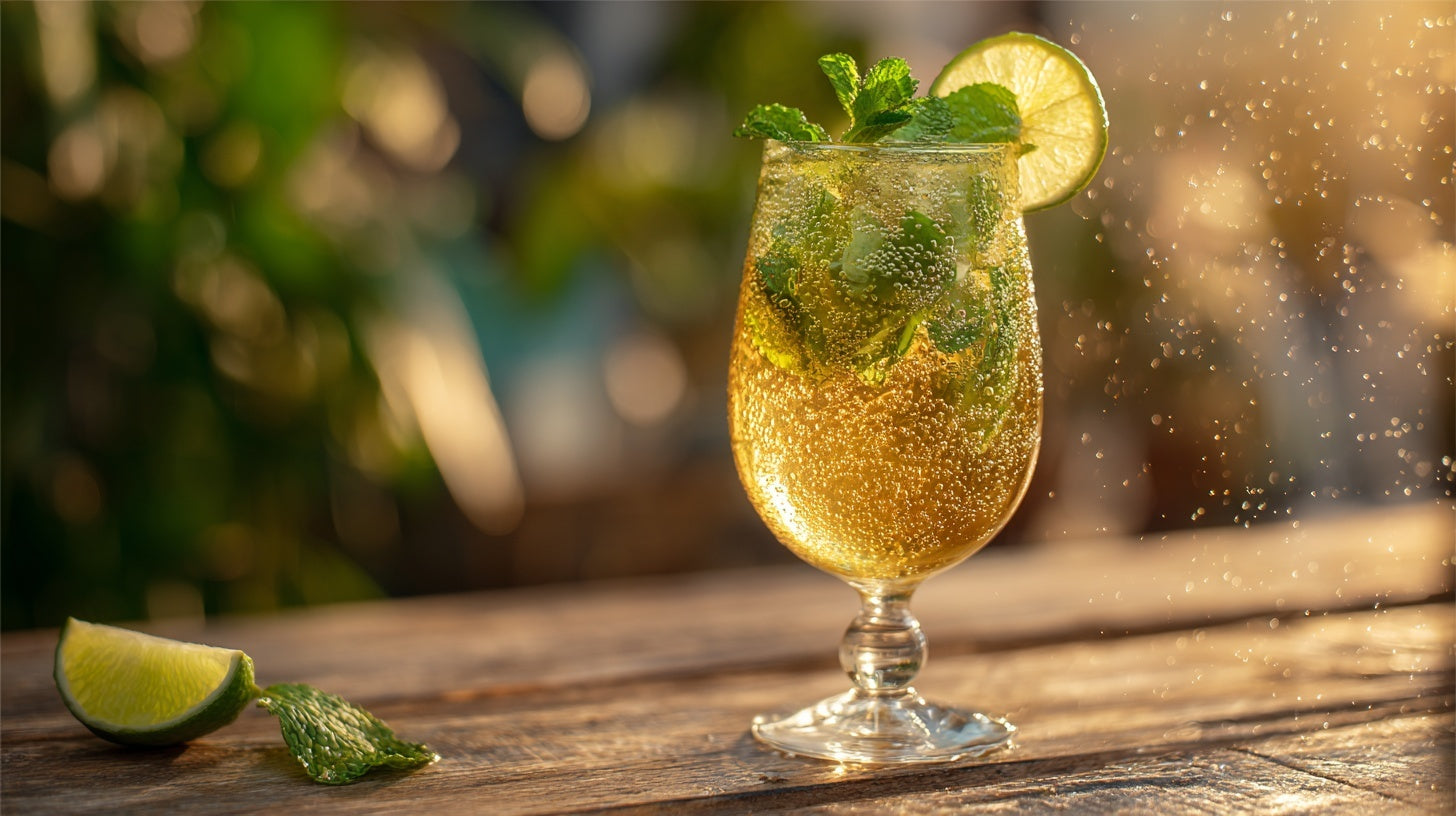 Kombucha-Mojito Mocktail mit frischer Minze und Limette