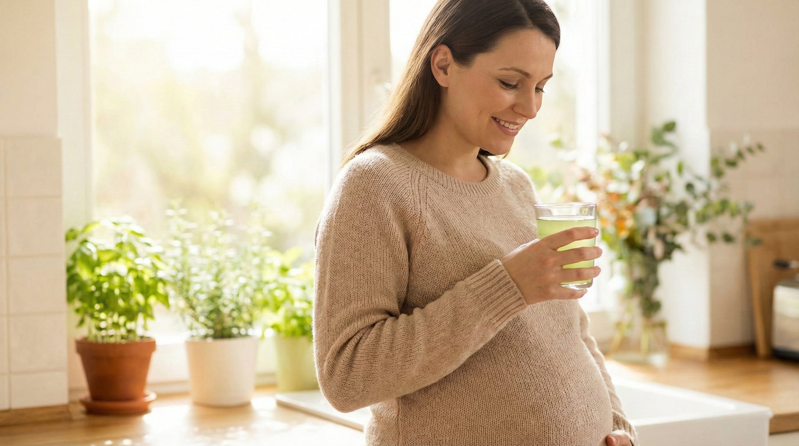 Schwangere Frau hält ein Glas mit gesundem Getränk in gemütlicher Küche