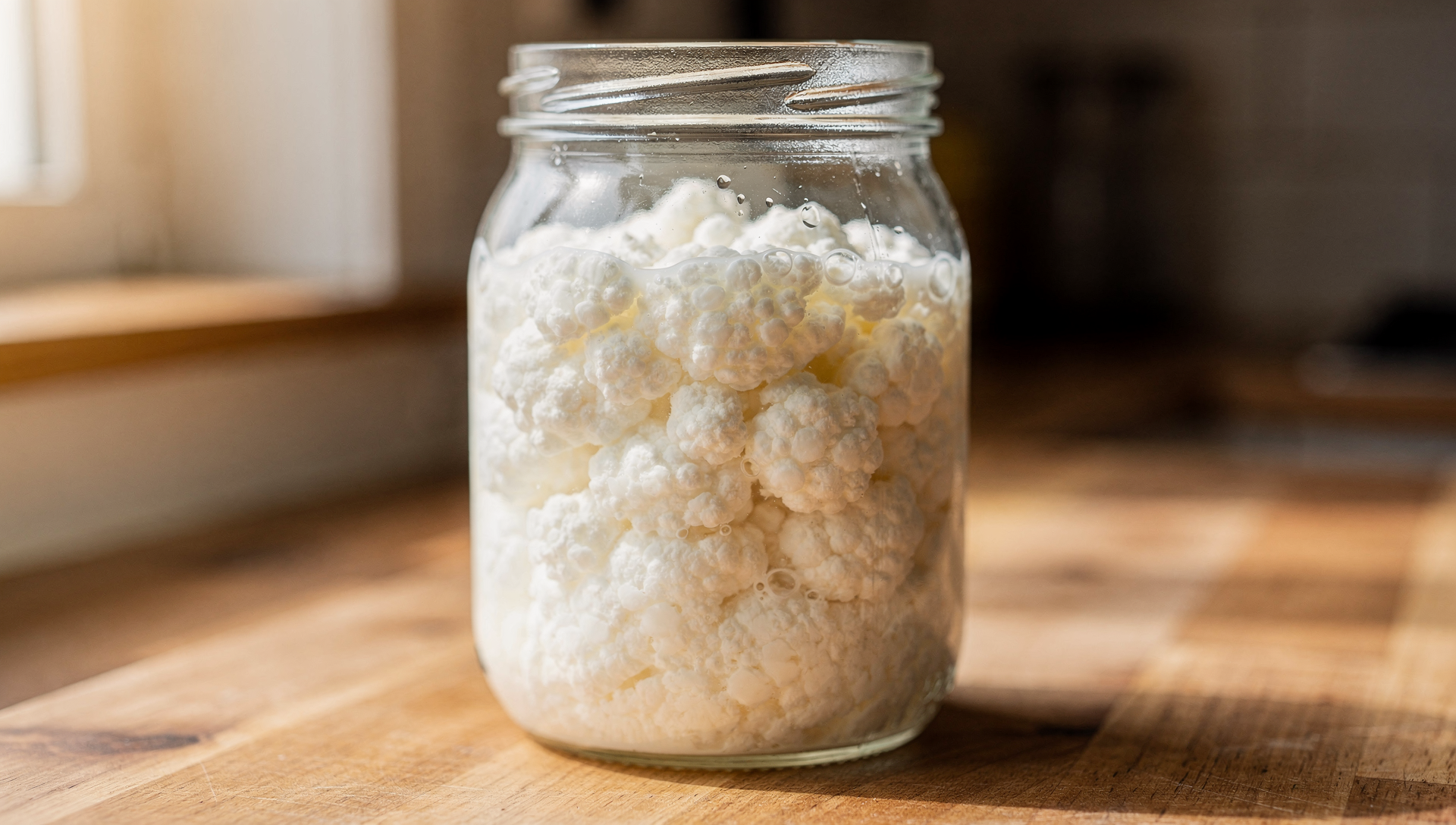 Milchkefir Knollen in Glas mit frischer Milch, probiotische Kultur