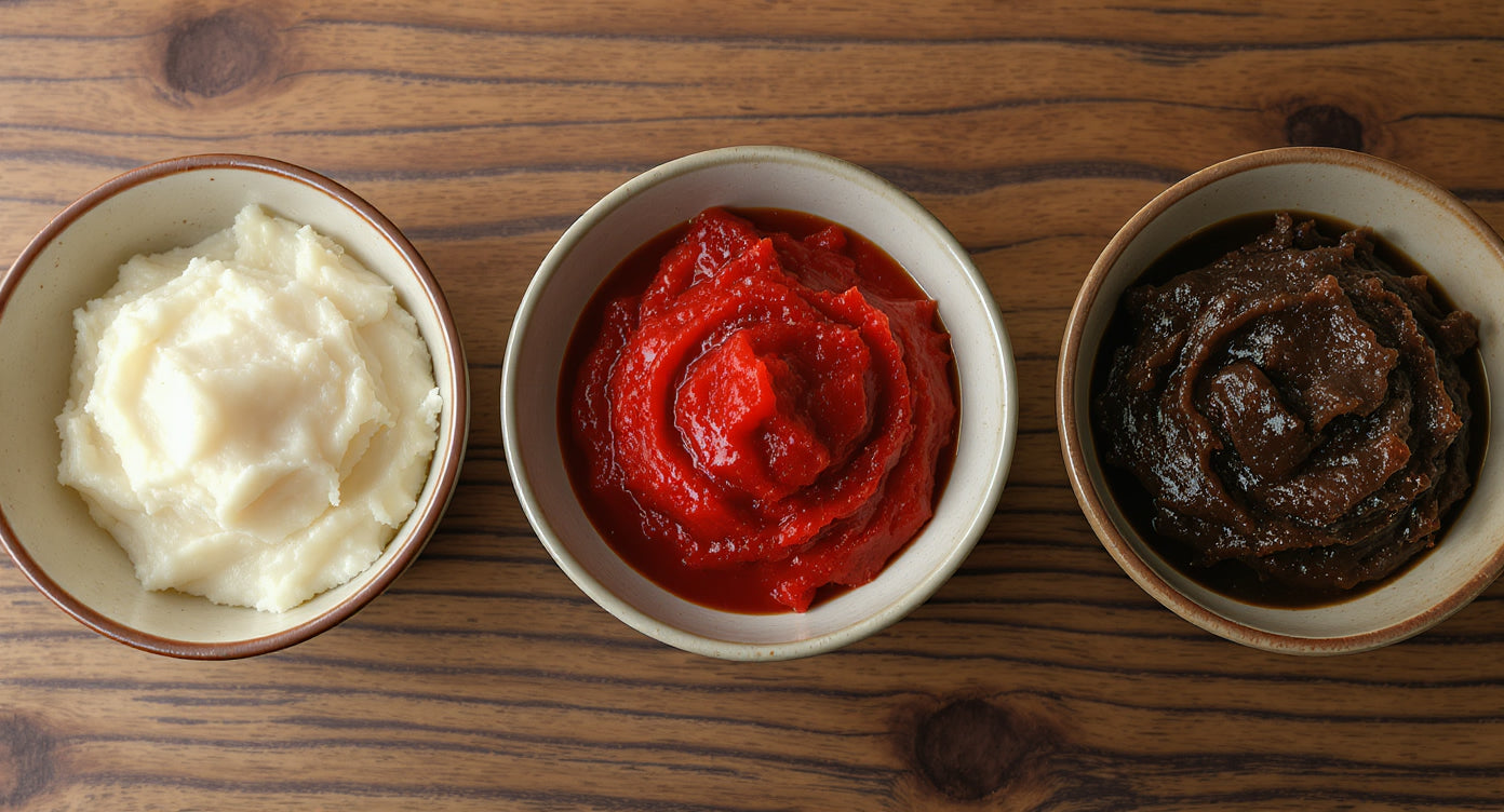 Verschiedene Miso-Sorten im Vergleich: Shiro, Aka und dunkles Miso in Keramikschalen