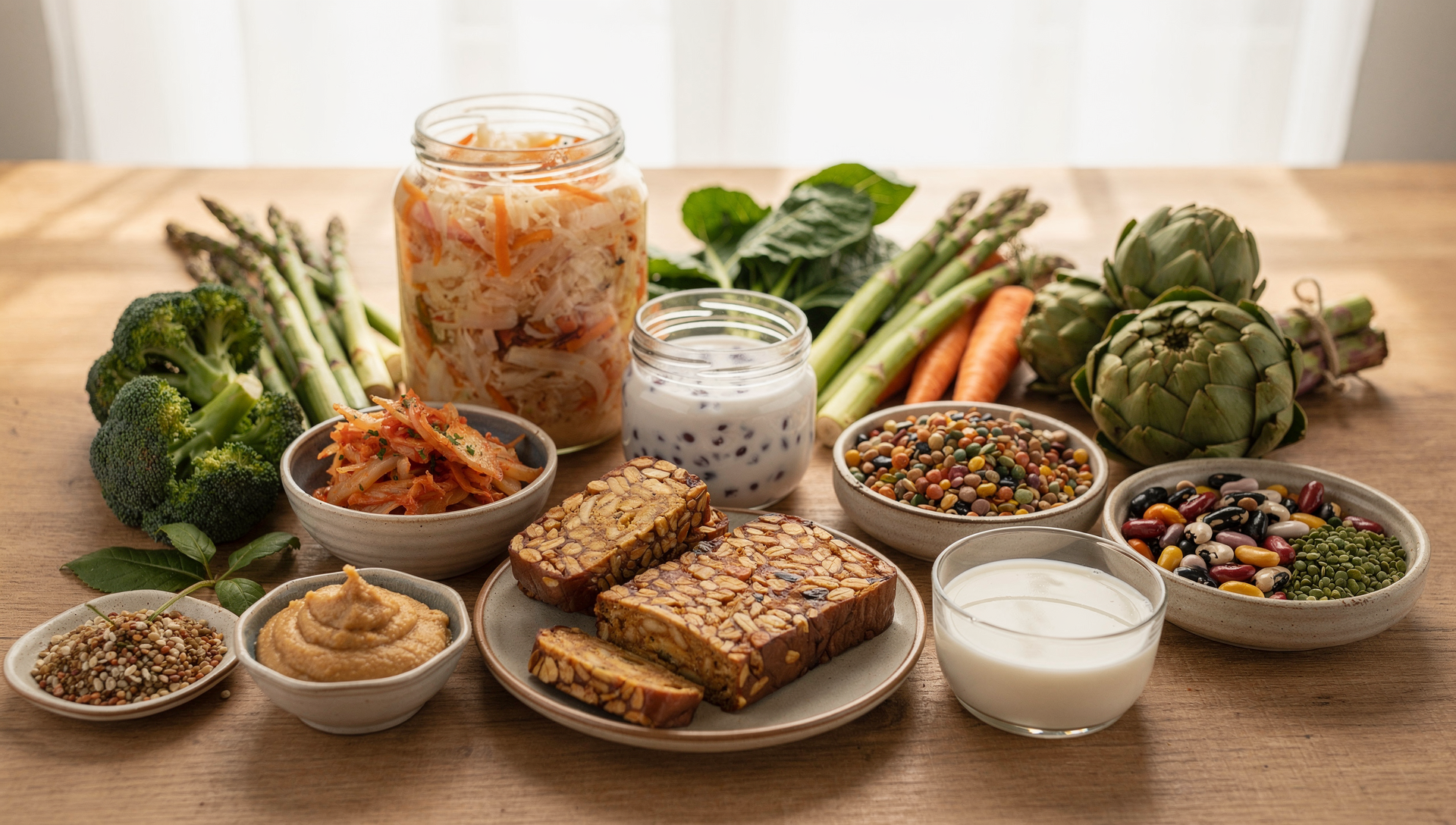 Präbiotika vs Probiotika - Darmgesundheit Konzept mit fermentierten Lebensmitteln