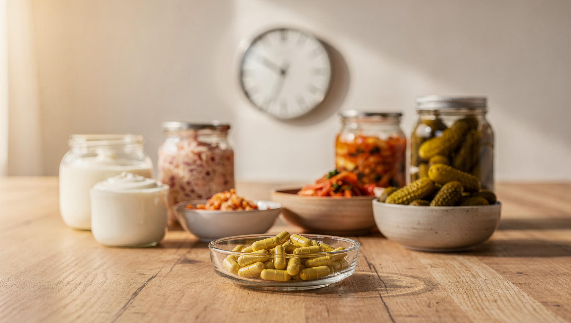 Probiotika und fermentierte Lebensmittel mit Morgenlicht