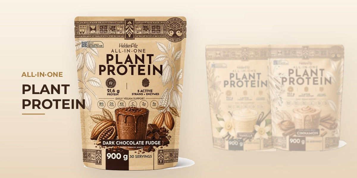Proteinpulver mit Vitaminen: HeldenPilz All-in-One Plant Protein, Sorte Dark Chocolate Fudge, 900 g