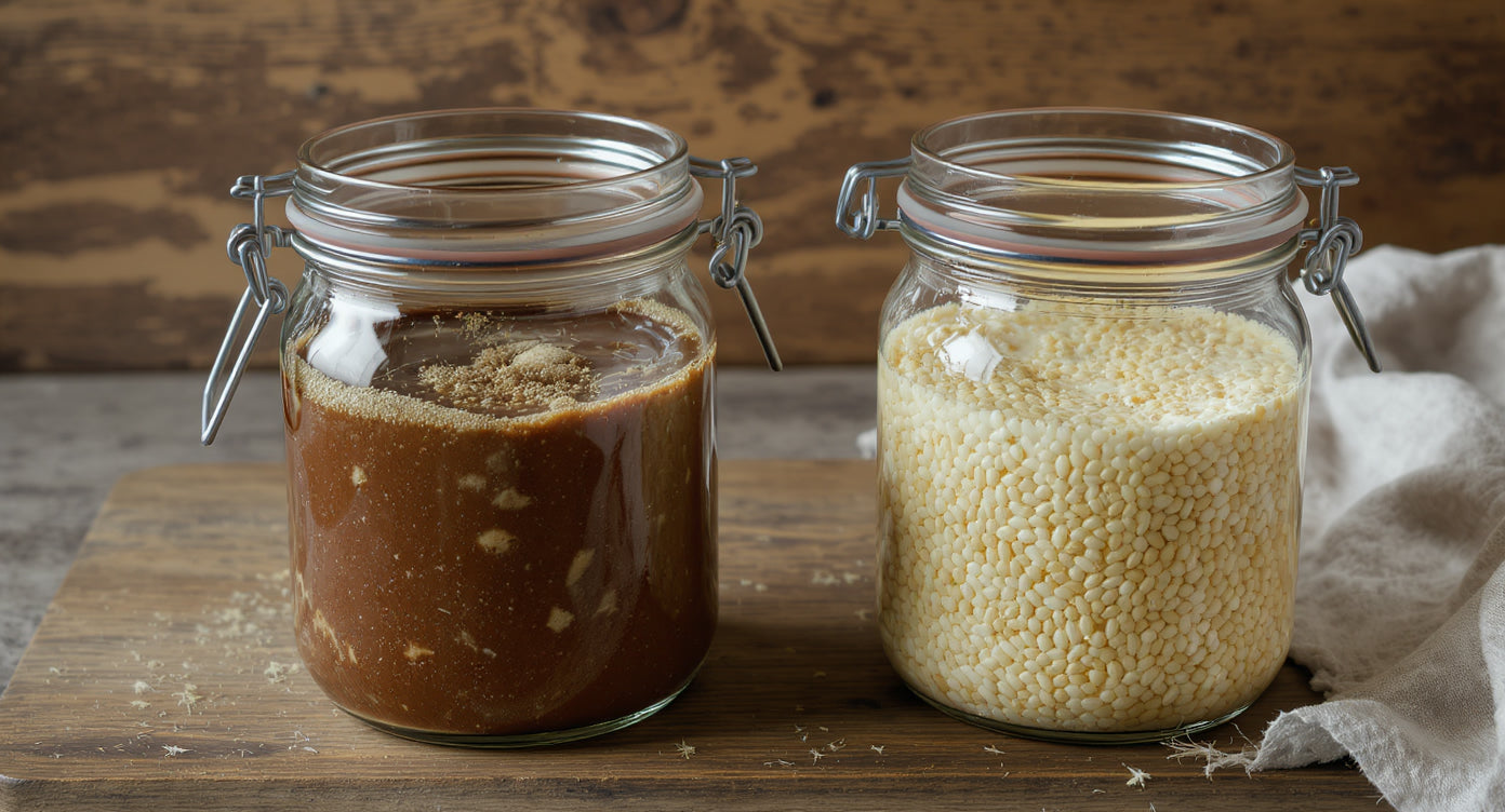 Roggensauerteig und Weizensauerteig Vergleich - zwei Gläser mit aktivem Sauerteig nebeneinander