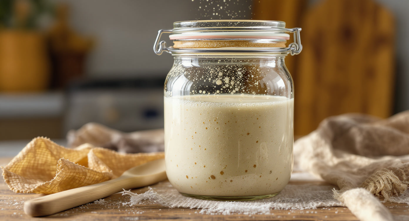Aktiver Sauerteig Starter im Glas mit sichtbaren Blasen und verdoppeltem Volumen