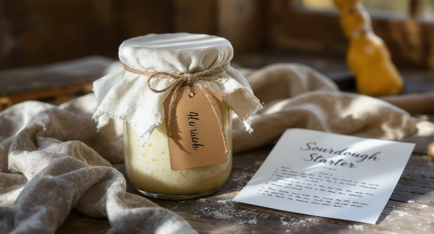 Sauerteig Starter als Geschenk im Glas mit Leinentuch und Rezeptkarte