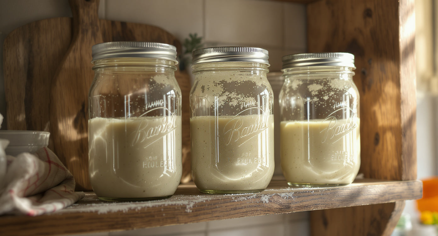 Sauerteig richtig lagern - Einmachgläser mit aktivem Sauerteig auf Holzregal
