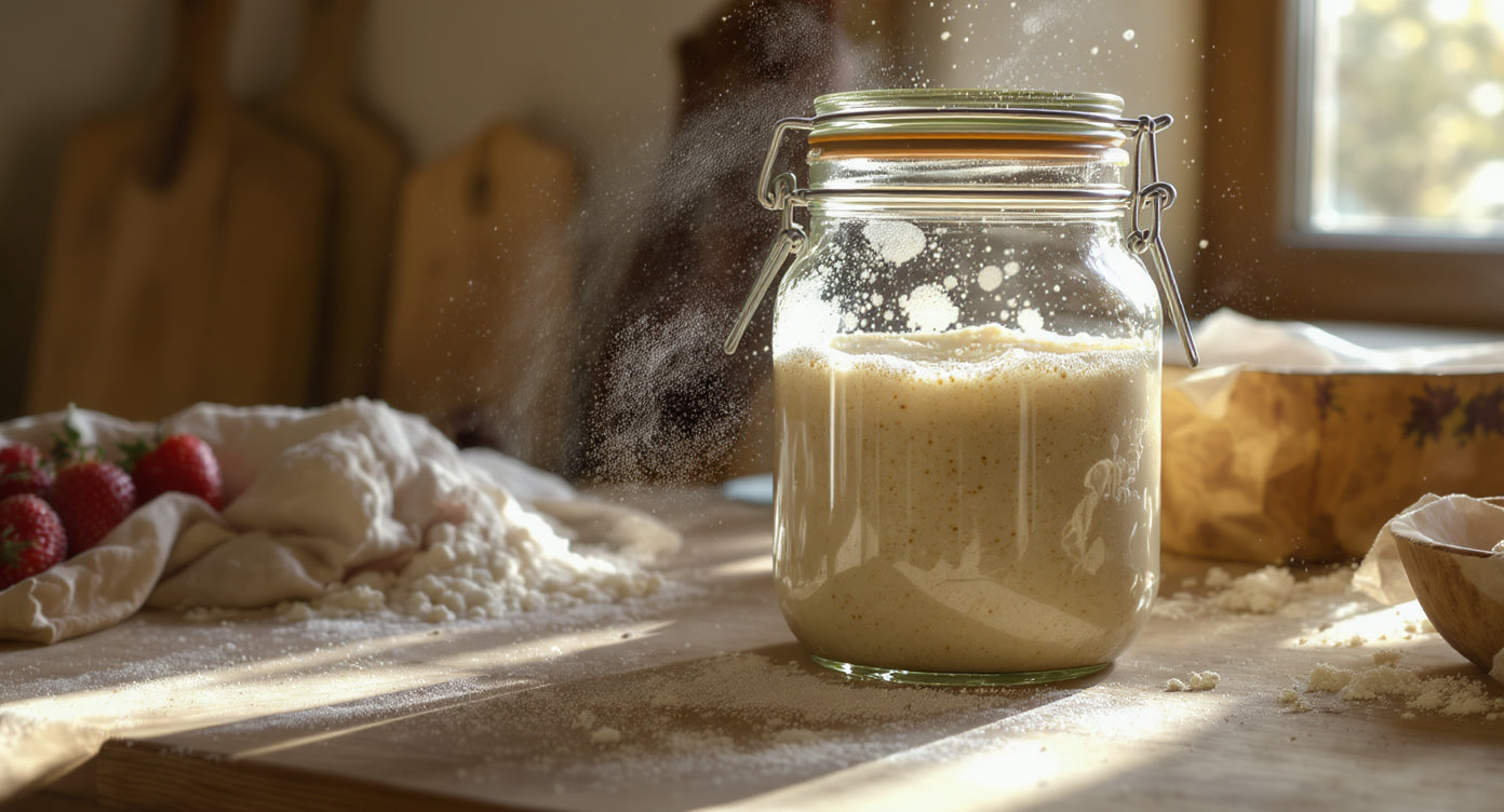 Aktives Sauerteig Anstellgut in einem Glas mit sichtbaren Bläschen auf rustikaler Küchenarbeitsplatte