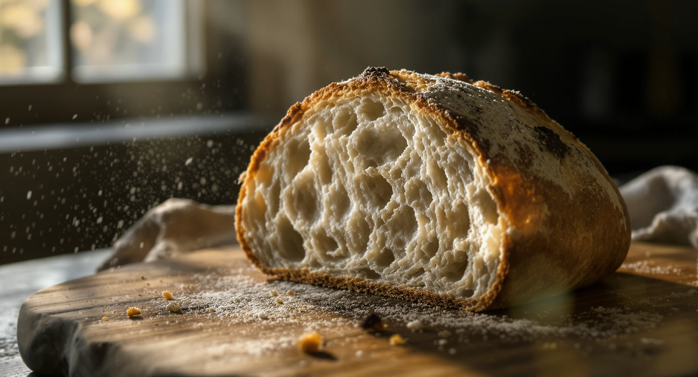 Perfektes Sauerteigbrot mit goldener Kruste und offener Krume auf Holzbrett