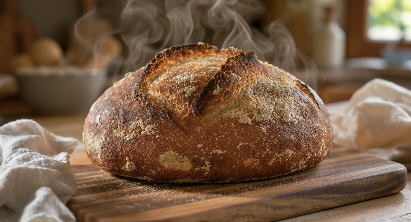 Perfekt gebackenes Sauerteigbrot mit goldbrauner Kruste auf rustikalem Holzbrett