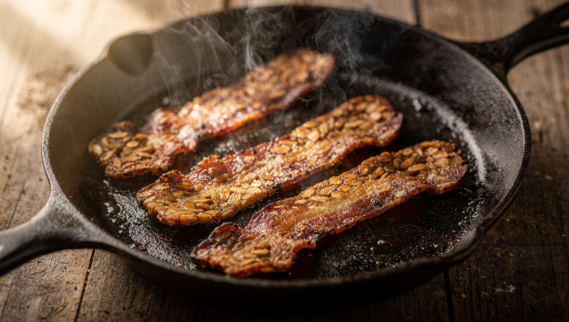 Knuspriger Tempeh Bacon in der Pfanne mit goldbraunen Karamell-Kanten
