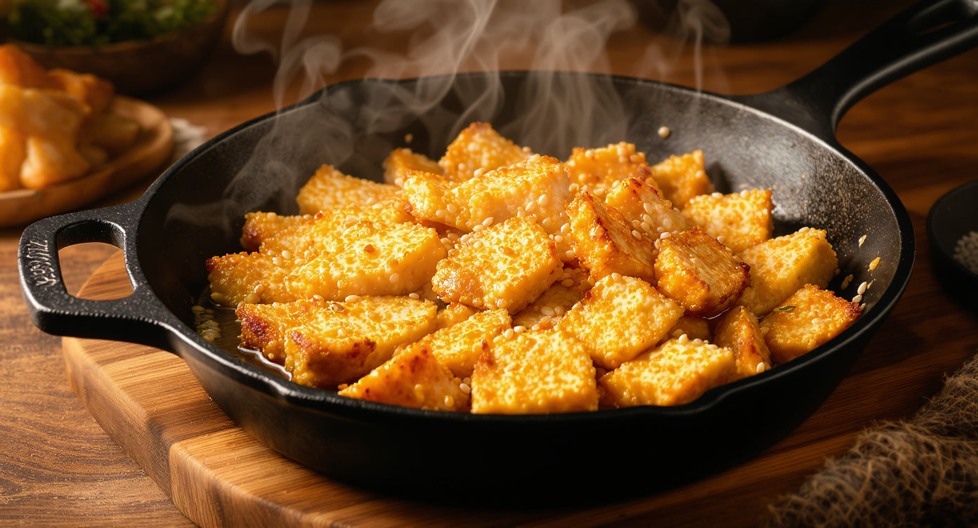 Knusprig gebratenes Tempeh in gusseiserner Pfanne mit Sesam